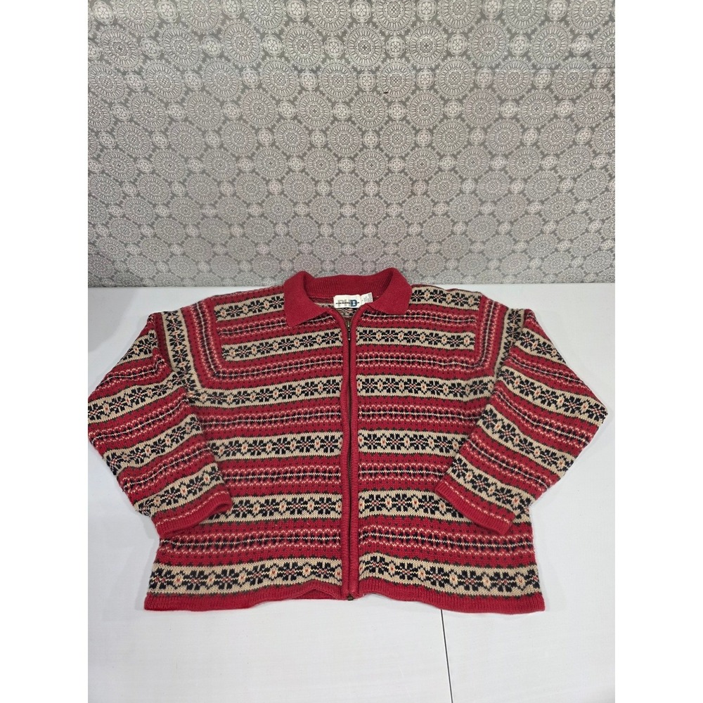 Paul Harris Design Red Tan Fair Isle Zip Up Cardigan Sweater Women's Size L‎